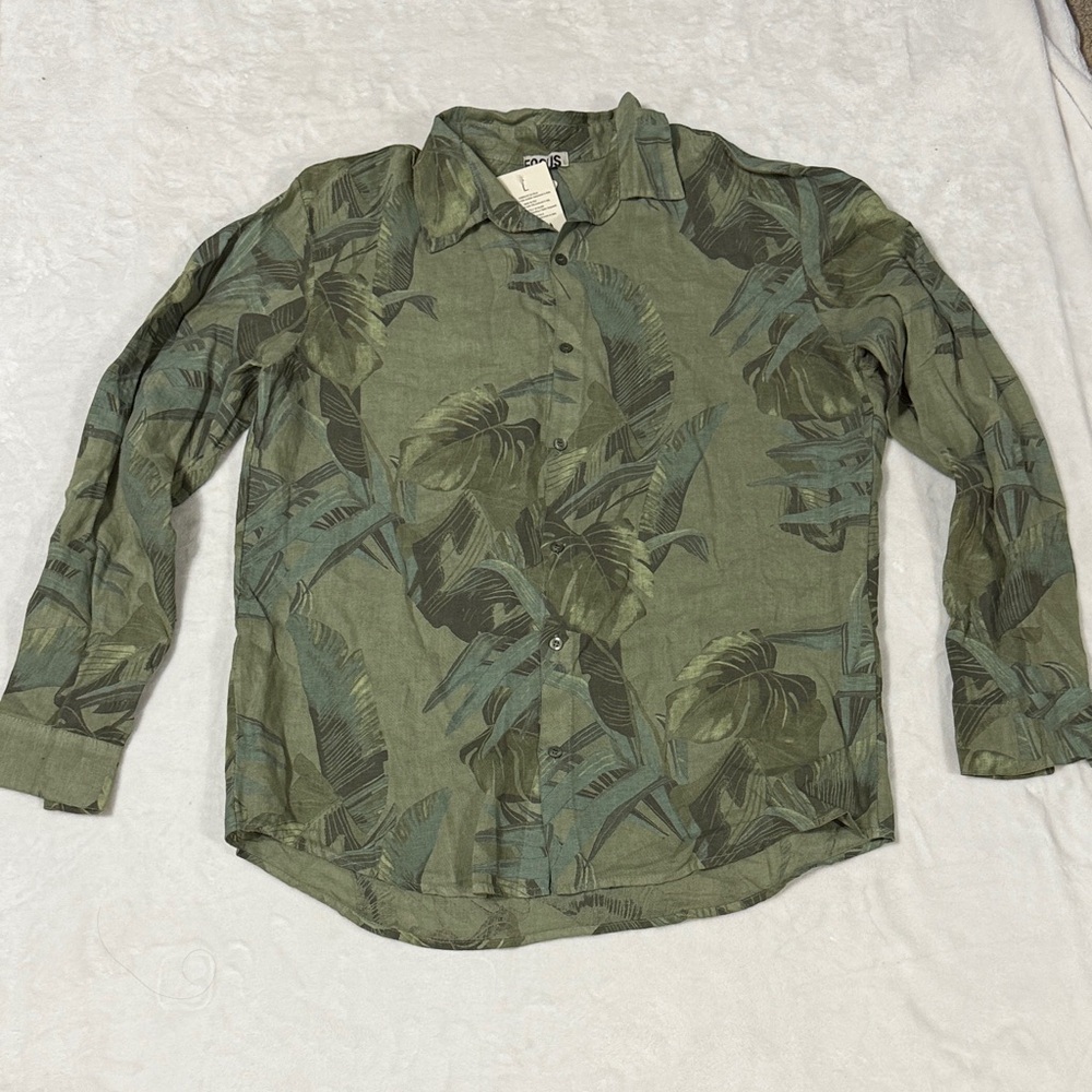 Focus Green Leaf Print Pure Linen Casual Button Down Shirt